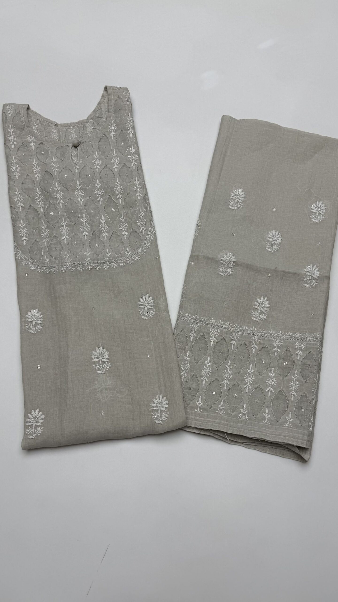 75 DYEABLE PURE & PREMIUM SILVER TISSUE CHIKANKARI CO-ORD SET - Image 1
