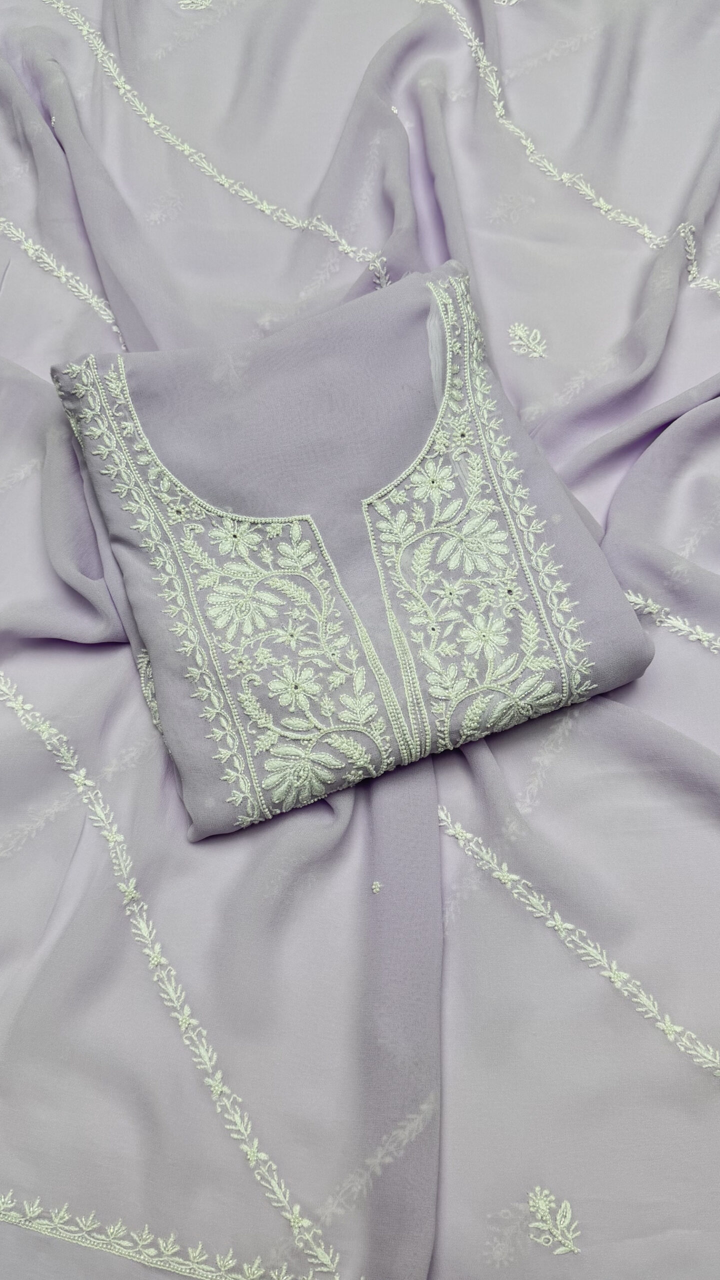78 SOFT LAVENDER PURE & PREMIUM GEORGETTE CHIKANKARI KURTA & DUPATTA SET - Image 1