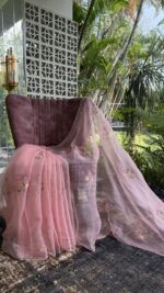 BLUSH PINK PURE & PREMIUM ORGANZA CHIKANKARI & MUKAISH SAREE & BLOUSE