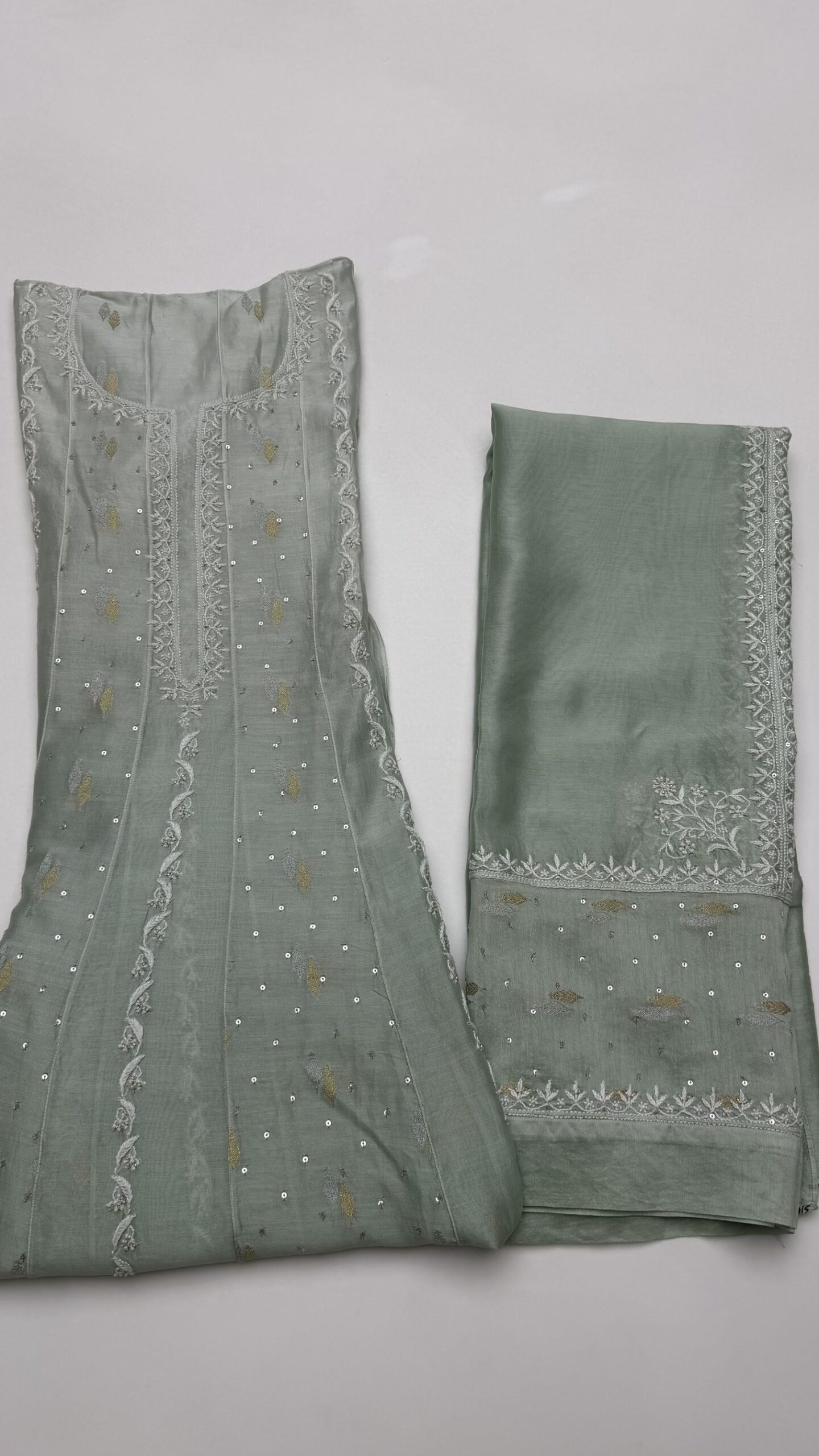 80 MINT GREEN OMBRE CHANDERI SILK CHIKANKARI A-LINE CO-ORD SET - Image 1