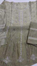 OLIVE GREEN OMBRE CHANDERI SILK CHIKANKARI A-LINE CO-ORD SET - Image 5