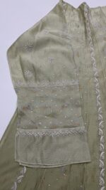 OLIVE GREEN OMBRE CHANDERI SILK CHIKANKARI A-LINE CO-ORD SET - Image 3