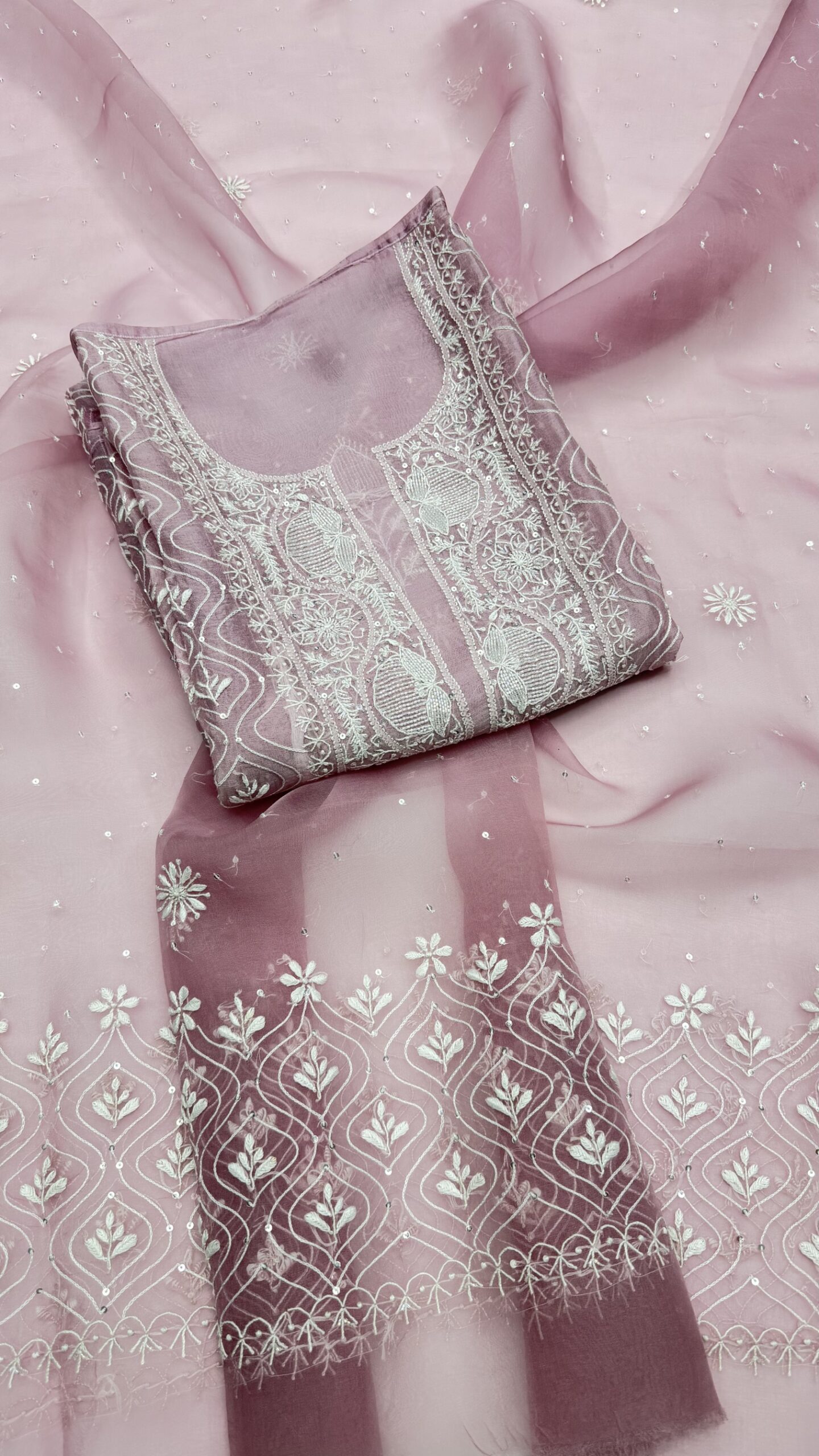 9 DUSTY LAVENDER PURE & PREMIUM ORGANZA CHIKANKARI KURTA & DUPATTA SET - Image 1