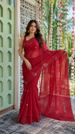 Dark Red Pure Premium Organza Mukaish Saree Blouse