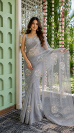 Gray Pure Premium Organza Chikankari Mukaish Saree Blouse