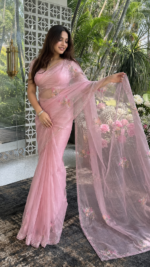 Blush Pink Pure Premium Organza Chikankari Mukaish Saree Blouse