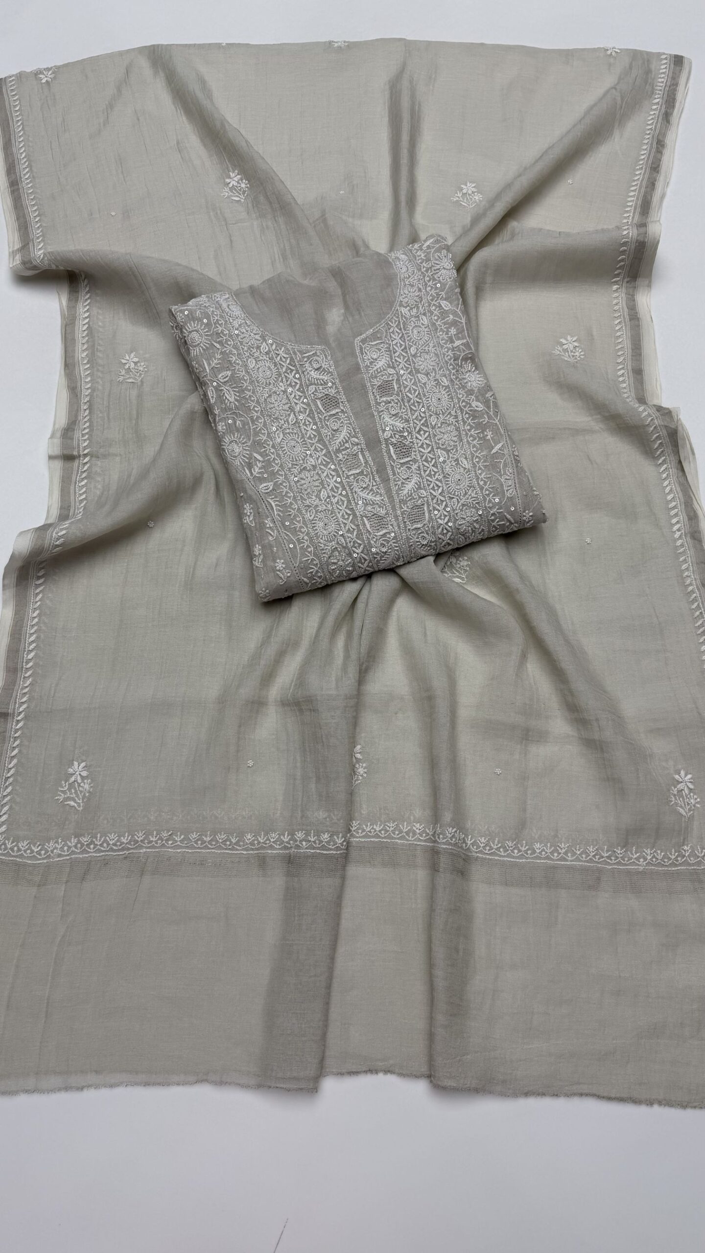 15 DYEABLE PURE & PREMIUM SILVER TISSUE CHIKANKARI ANRAKALI & DUPATTA SET - Image 1