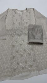 DYEABLE PURE & PREMIUM SILVER TISSUE CHIKANAKRI & MUKAISH KURTA & DUPATTA SET - Image 6