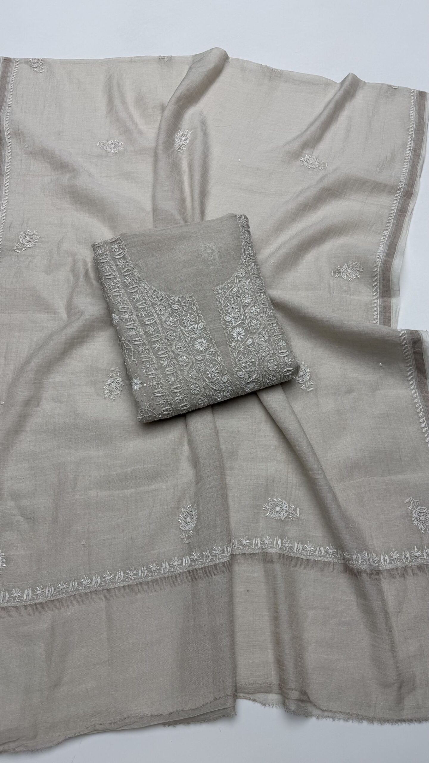 2 DYEABLE PURE & PREMIUM SILVER TISSUE CHIKANKARI KURTA & DUPATTA SET - Image 1