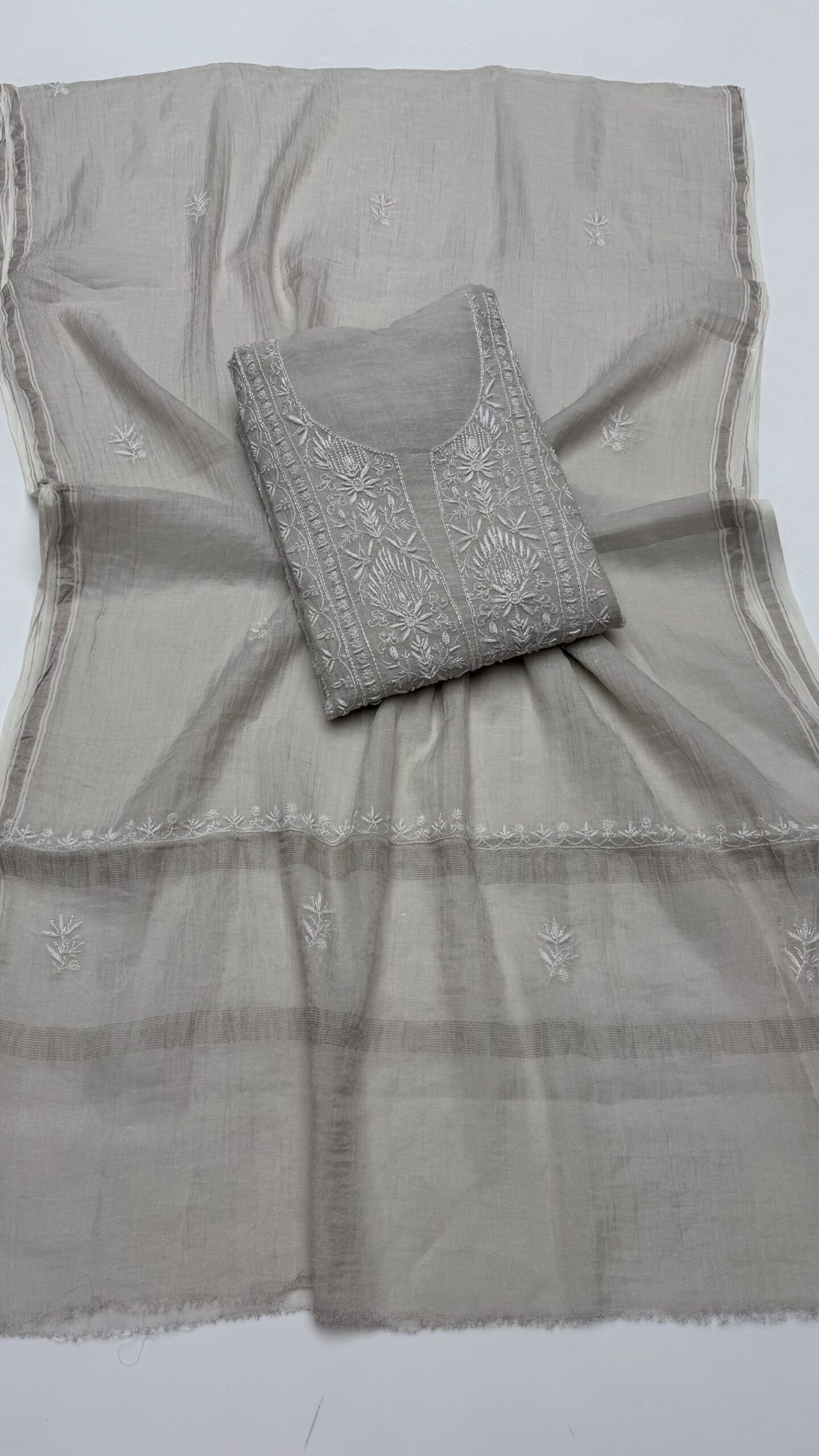 2 DYEABLE PURE & PREMIUM SILVER TISSUE CHIKANKARI KURTA & DUPATTA SET - Image 1