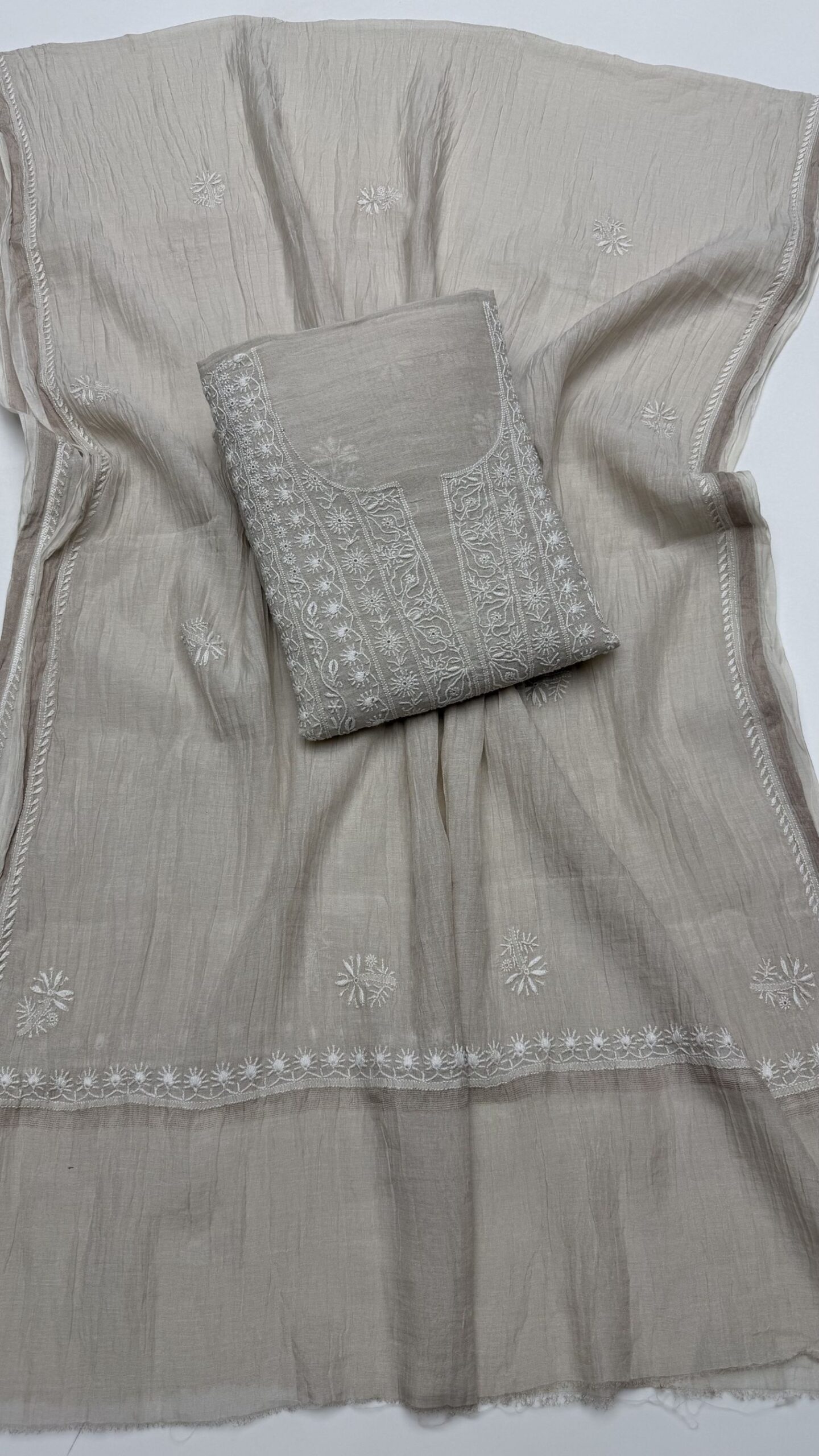 24 DYEABLE PURE & PREMIUM SILVER TISSUE CHIKANKARI KURTA & DUPATTA SET - Image 1