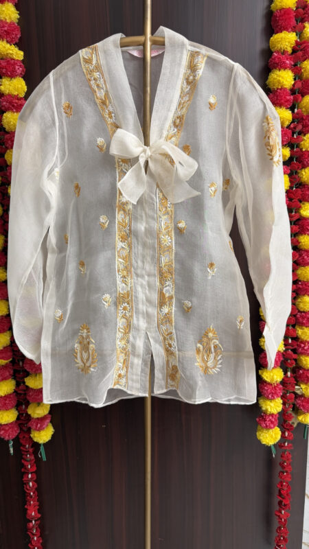 mint green organza chikankari shirt