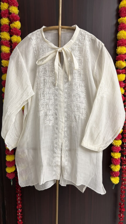 dyeable chanderi mul chikankari top