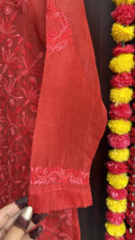 RED PURE & PREMIUM ORGANZA CHIKANKARI SHIRT - Image 3