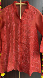 RED PURE & PREMIUM ORGANZA CHIKANKARI SHIRT - Image 2