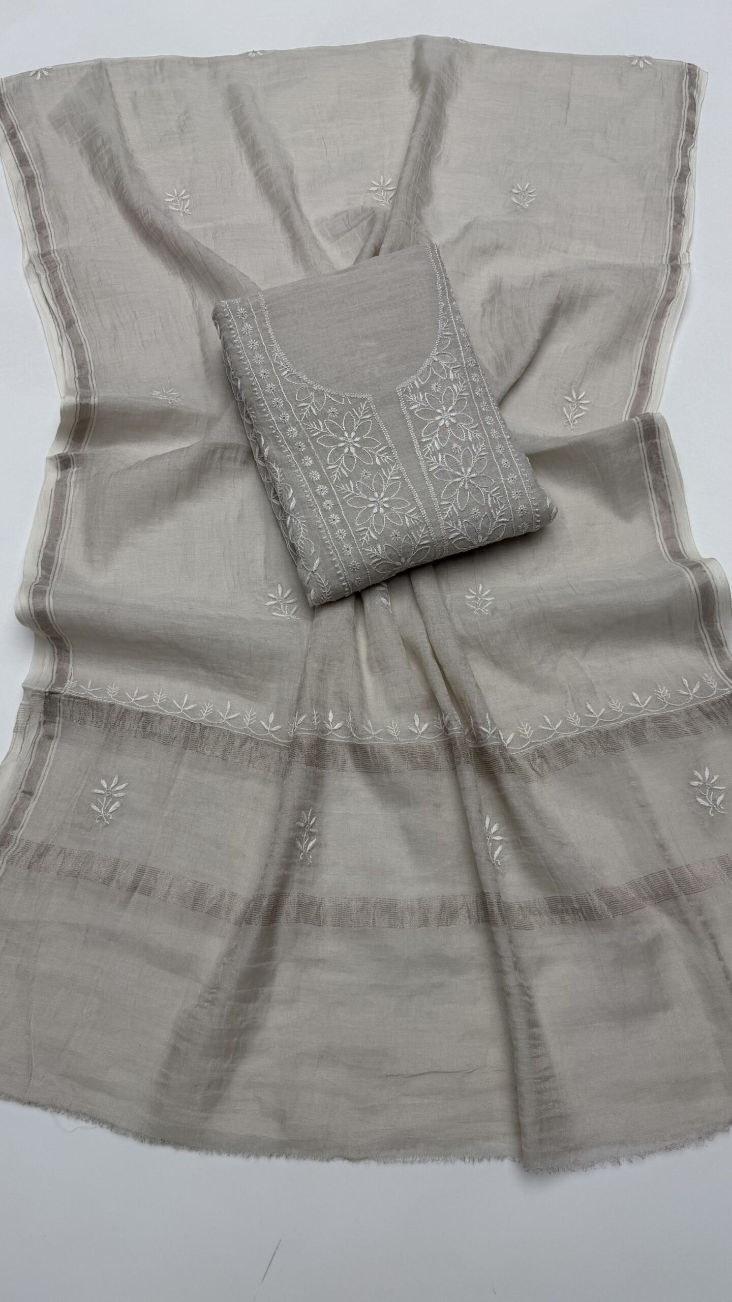 44 DYEABLE PURE & PREMIUM SILVER TISSUE CHIKANKARI KURTA & DUPATTA SET - Image 1