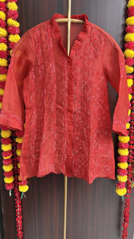 red organza chikankari shirt