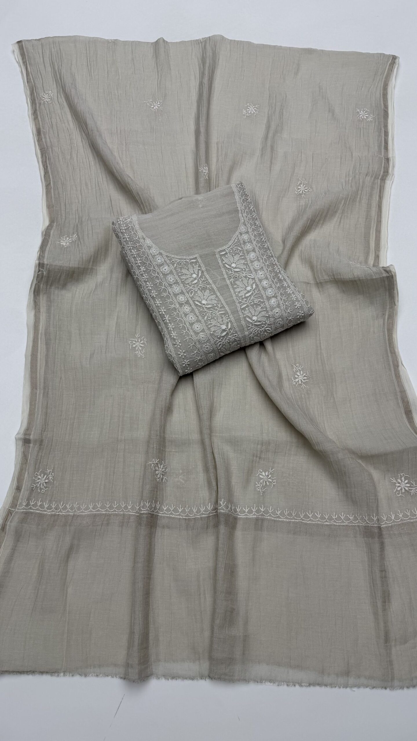51 DYEABLE PURE & PREMIUM SILVER TISSUE CHIKANKARI KURTA & DUPATTA SET - Image 1