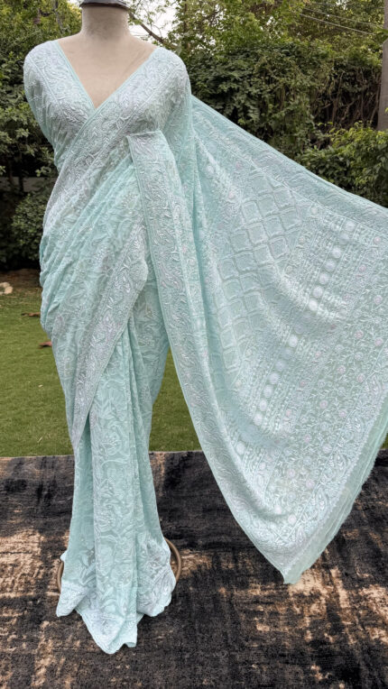 aqua blue chikankari saree