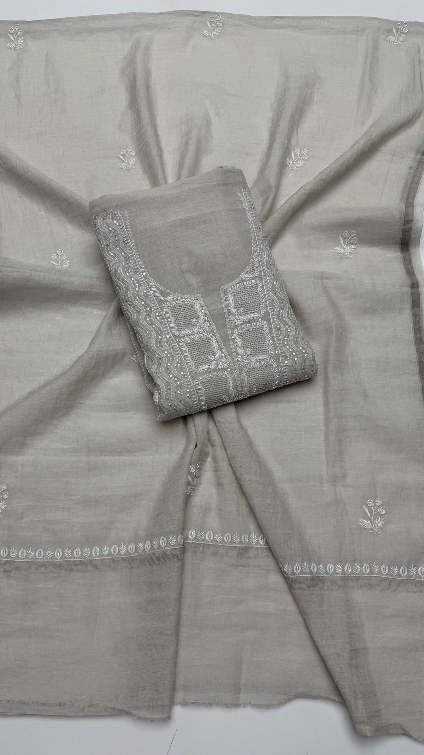 8 DYEABLE PURE & PREMIUM SILVER TISSUE CHIKANKARI KURTA & DUPATTA SET - Image 1