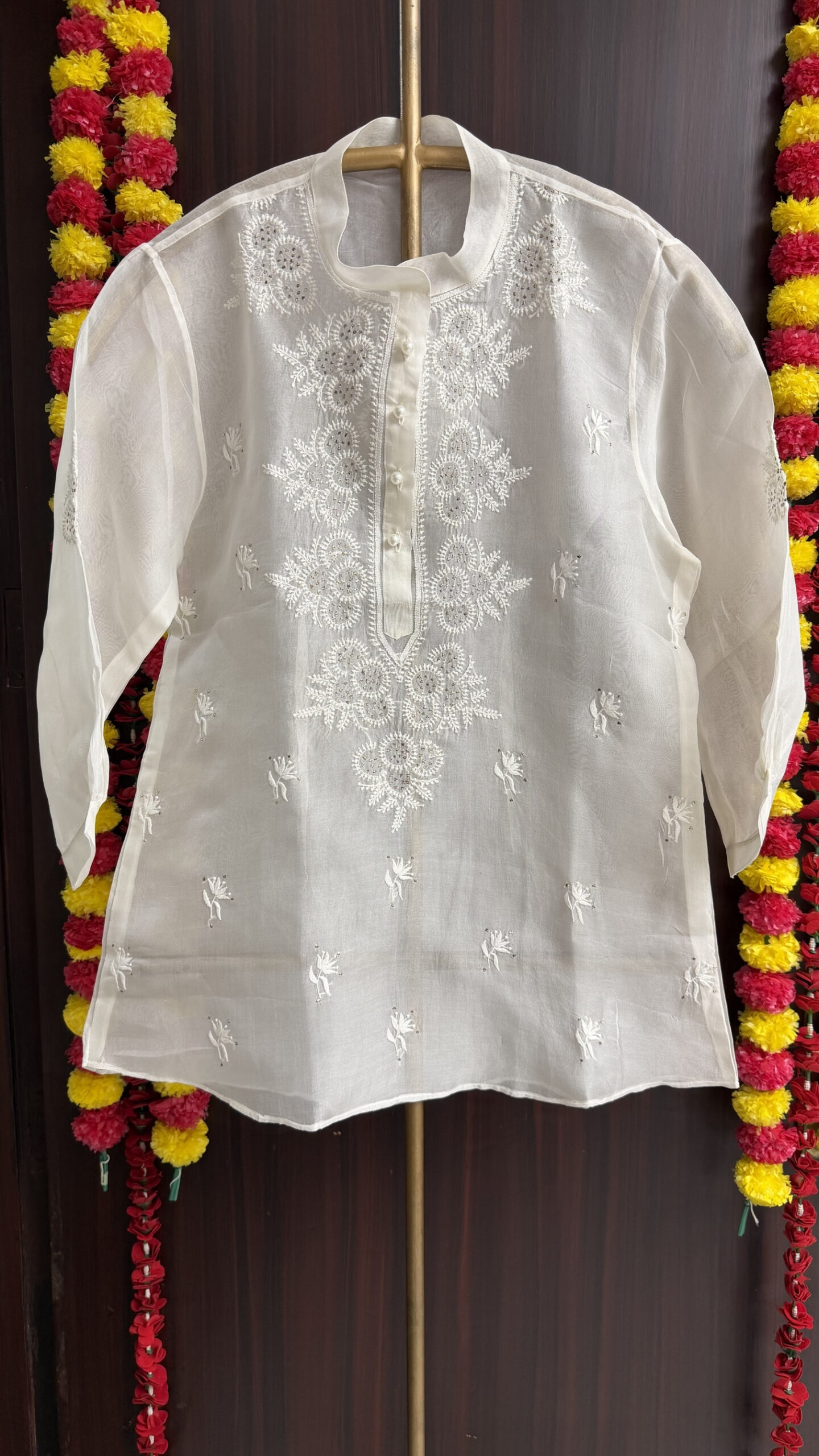 80 DYEABLE PURE & PREMIUM ORGANZA CHIKANKARI & MUKAISH SHIRT - Image 1