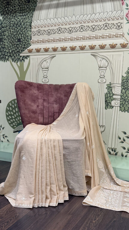 Beige Pure Premium Tissue Chikankari Mukaish Saree with Matching Blouse and Authentic Lucknowi Hand Embroidery