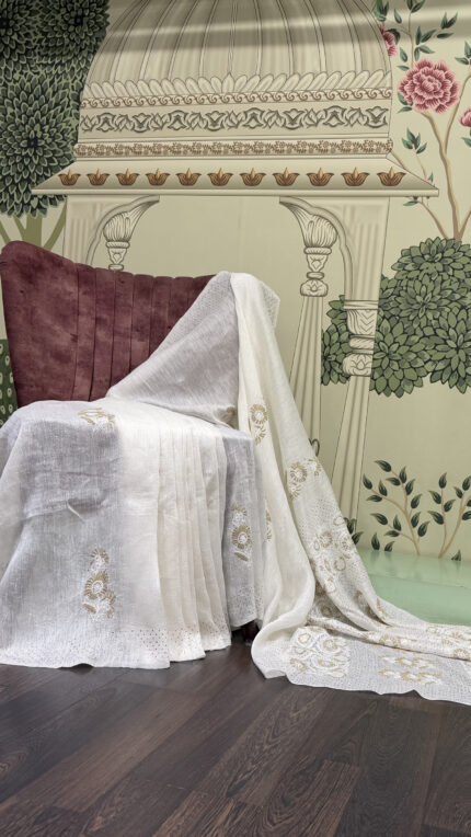 Premium Dyeable Linen Chikankari Saree with Mukaish Work and Matching Blouse Fabric