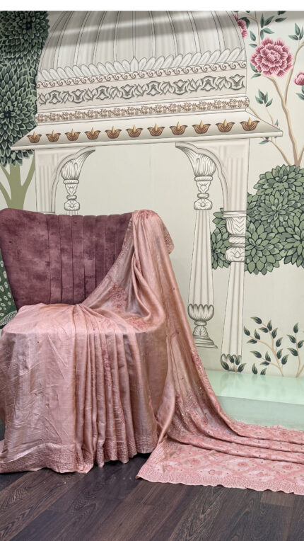 Dusty Brown Pure Premium Tussar Silk Chikankari Saree with Matching Blouse and Authentic Lucknowi Hand Embroidery