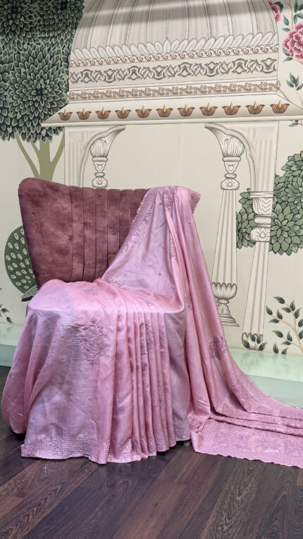Orchid Pink Pure Premium Tussar Silk Chikankari Saree with Matching Blouse and Authentic Lucknowi Hand Embroidery