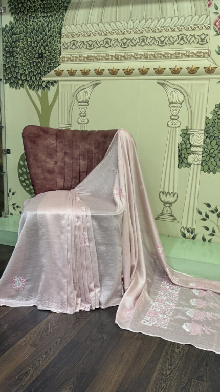 Rose Mist Chanderi Silk Chikankari Saree with Mukaish Work and Matching Blouse Fabric