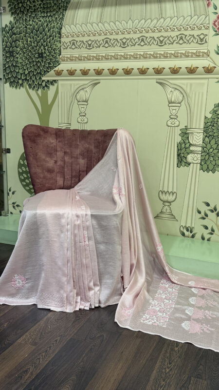 Rose Mist Chanderi Silk Chikankari Saree with Mukaish Work and Matching Blouse Fabric