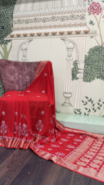 Red Pure Premium Tussar Silk Chikankari Saree with Matching Blouse and Authentic Lucknowi Hand Embroidery
