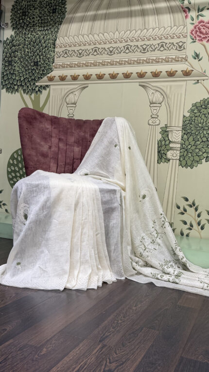 Dyeable Linen Chikankari Saree with Mukaish Work and Matching Blouse Fabric featuring Authentic Lucknowi Hand Embroidery