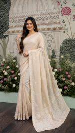 Beige Pure & Premium Tissue Chikankari & Mukaish Saree & Blouse