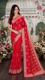 Red Pure & Premium Tussar Silk Chikankari Saree & Blouse