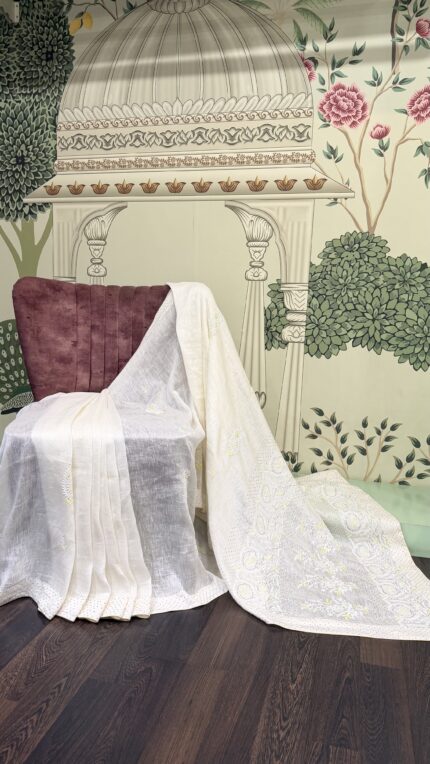Dyeable Linen Chikankari Saree with Mukaish Work and Matching Blouse Fabric