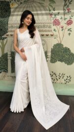 Dyeable Linen Chikankari & Mukaish Saree & Blouse