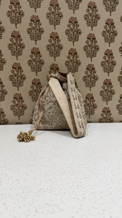 Beige Chikankari & Zardozi Batua Bag for Women
