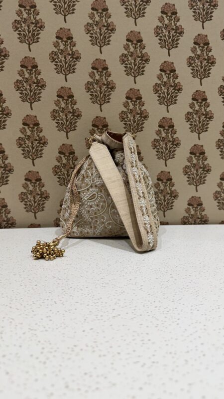 Beige Chikankari & Zardozi Batua Bag for Women