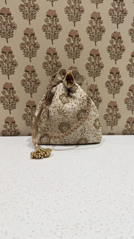 Beige Chikankari & Zardozi Batua Bag for Women