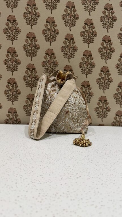 Beige Chikankari & Zardozi Batua Bag for Women