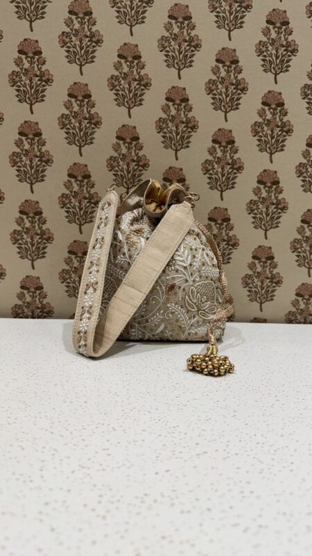 Beige Chikankari & Zardozi Batua Bag for Women