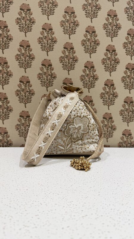 Beige Chikankari & Zardozi Batua Bag for Women