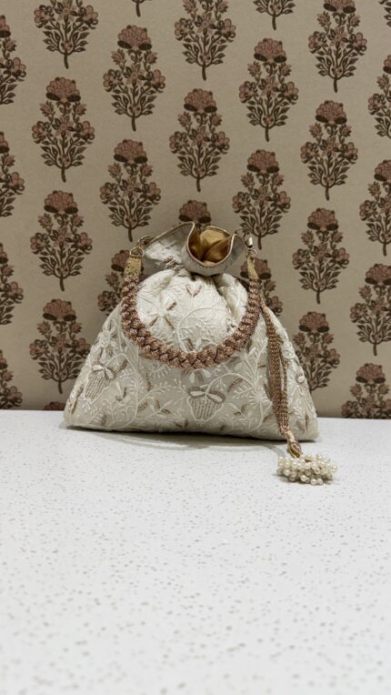 Ivory Chikankari Potli Bag for Women