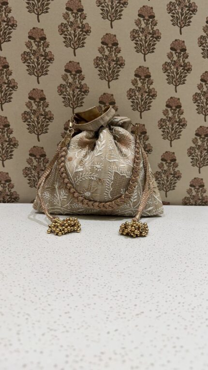Beige Chikankari Potli for Women with Hand Embroidered Lucknow Chikankari Design