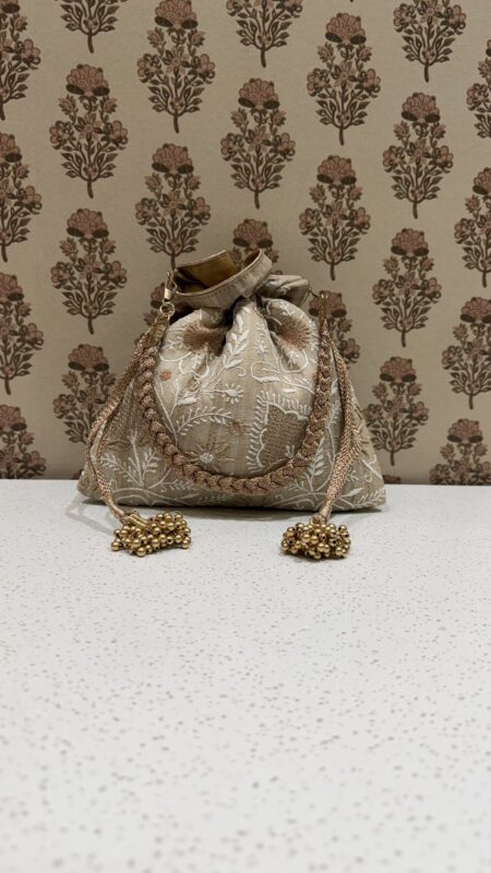 Beige Chikankari Potli for Women with Hand Embroidered Lucknow Chikankari Design