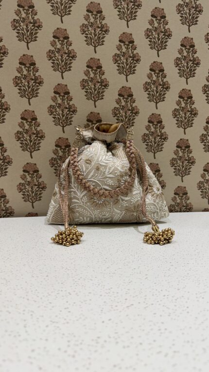 Beige Chikankari Potli for Women
