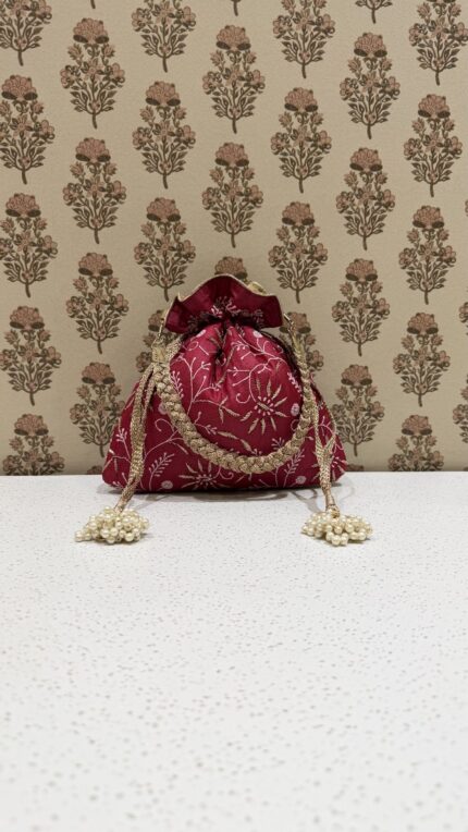 Crimson Red Chikankari Potli Bag for Women