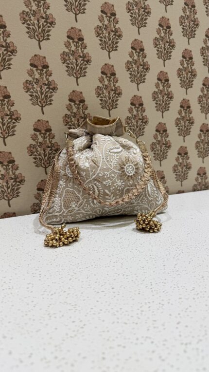 Beige Chikankari Potli for Women