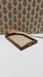 Beige Chikankari Wooden Rectangle Serving Tray